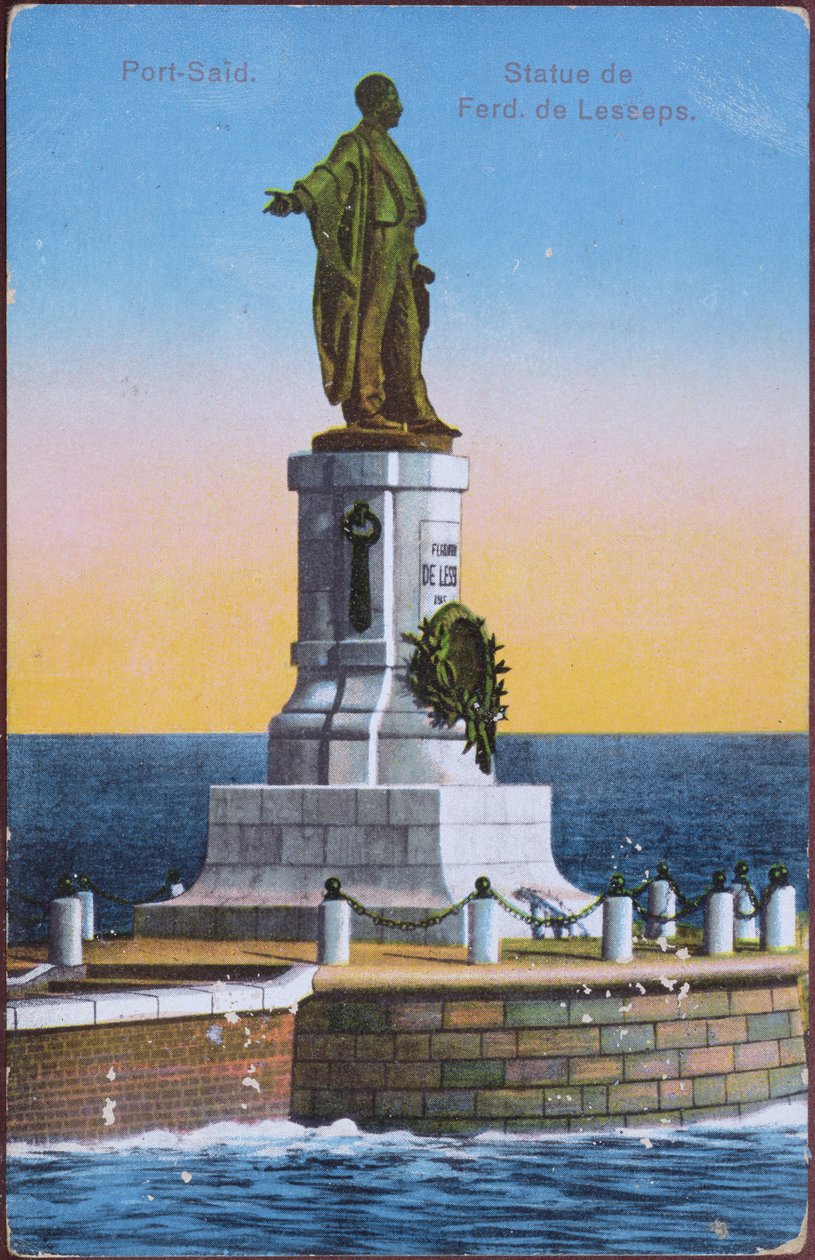 Postikortti, joka kuvaa Ferdinand de Lessepsin patsasta Port Saidin satamassa, 1900-luvun alku (väri litho) (kuvan jälkeen) tekijältä Unbekannt