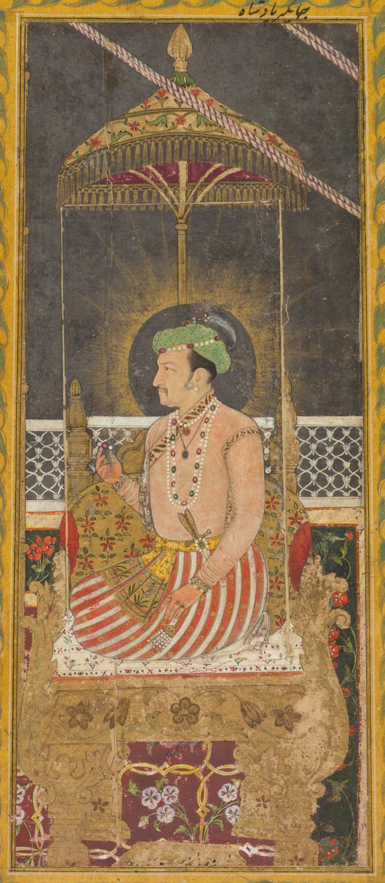 Postuumi muotokuva keisari Jahangirista katoksen alla recto, kalligrafia verso, n. 1650. tekijältä Unbekannt