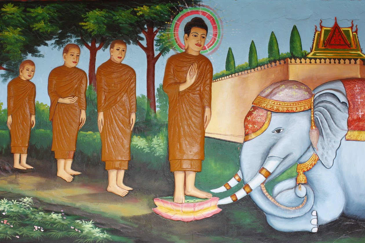 Preah Prom Rathin luostari Buddhan elämäLoving-Kindnessin kesyttämä villinorsu, Siem Reap, Kambodža tekijältä Unbekannt