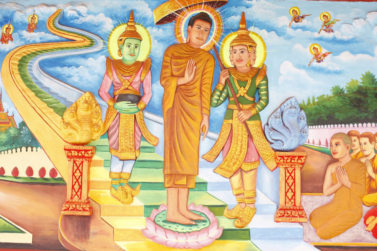 Preah Prom Rathin luostari Buddhan elämä taivaassa vierailemassa ja tapaamassa jumalia Indran ja Brahman kanssa, Siem Reap, Kambodža tekijältä Unbekannt
