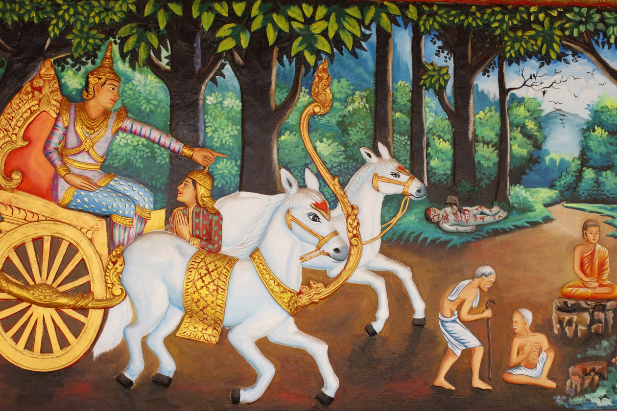 Preah Prom Rathin luostari Buddhan elämäSiddhartha Gautaman neljä nähtävyyttä: vanhuus, sairaus, kuolema ja erakko, Siem Reap, Kambodža tekijältä Unbekannt