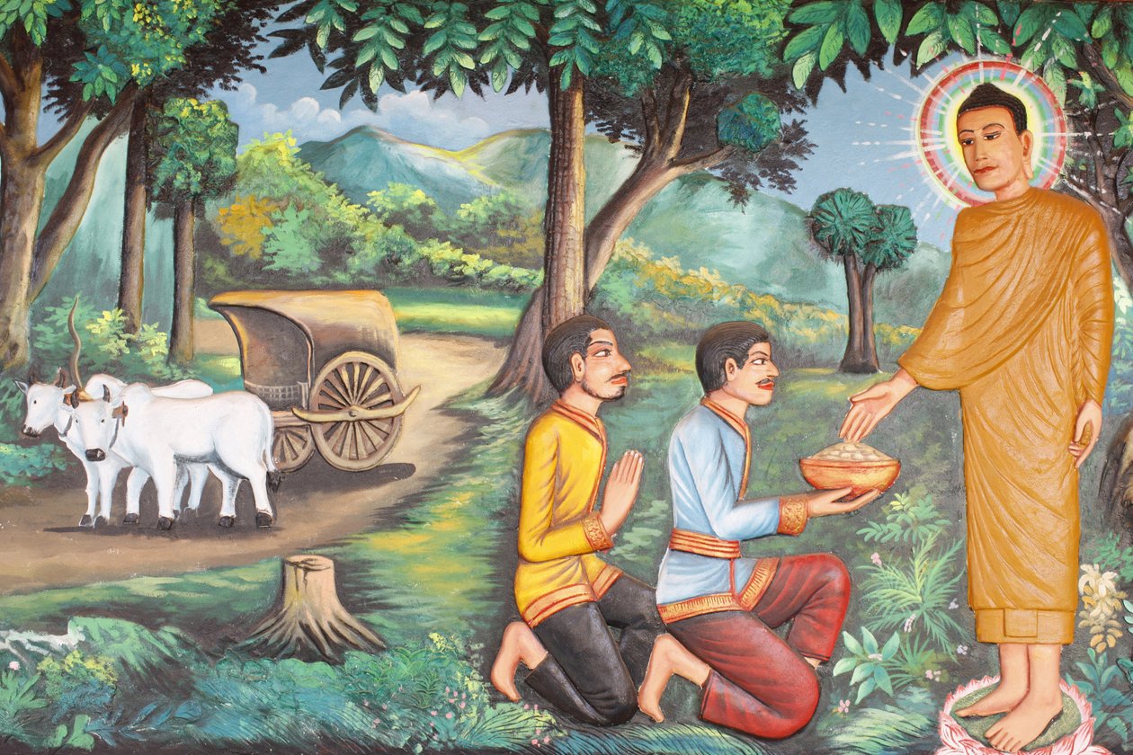 Preah Prom Rathin luostari Buddhan elämä Siddhartha Gautama sai ruokaa kahdelta brahmanilta, Siem Reap, Kambodža tekijältä Unbekannt
