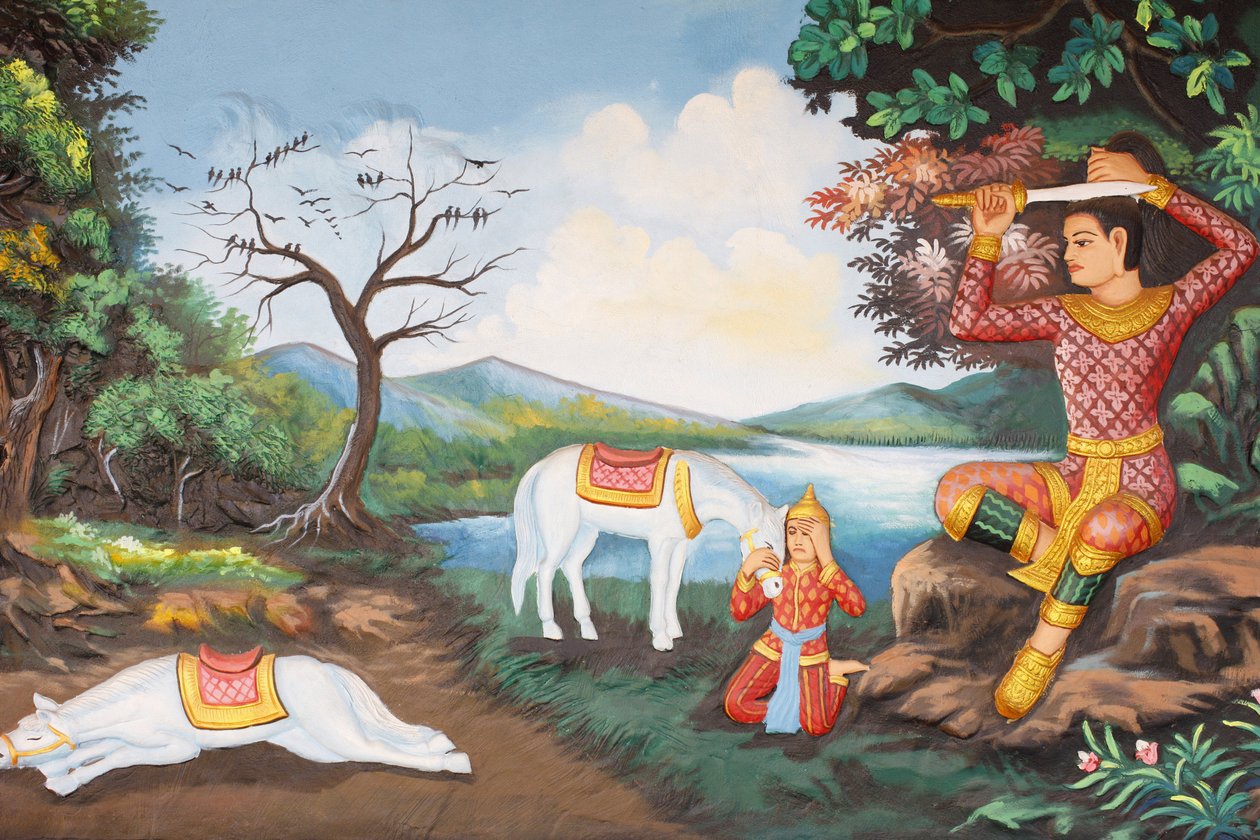 Preah Prom Rathin luostari Buddhan elämä Suuri Tonsure: Buddha leikkaa hiuksensa miekallaSitten hän vaihtoi prinssi vaatteensa kerjäläisvaatteisiinSitten hän aloitti valaistumisen etsintä, Siem Reap, Kambodža tekijältä Unbekannt