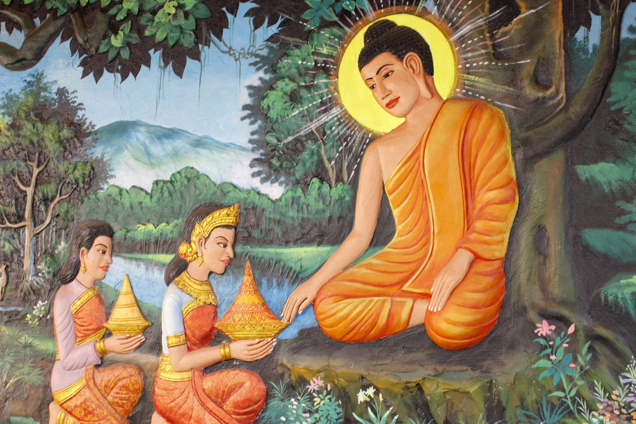 Preah Prom Rathin luostari Buddhan elämä Luopuminen Eräänä aamuna tyttö nimeltä Sujata tarjosi Siddharthalle herkullista maito-riisipuuroa, Siem Reap, Kambodža tekijältä Unbekannt