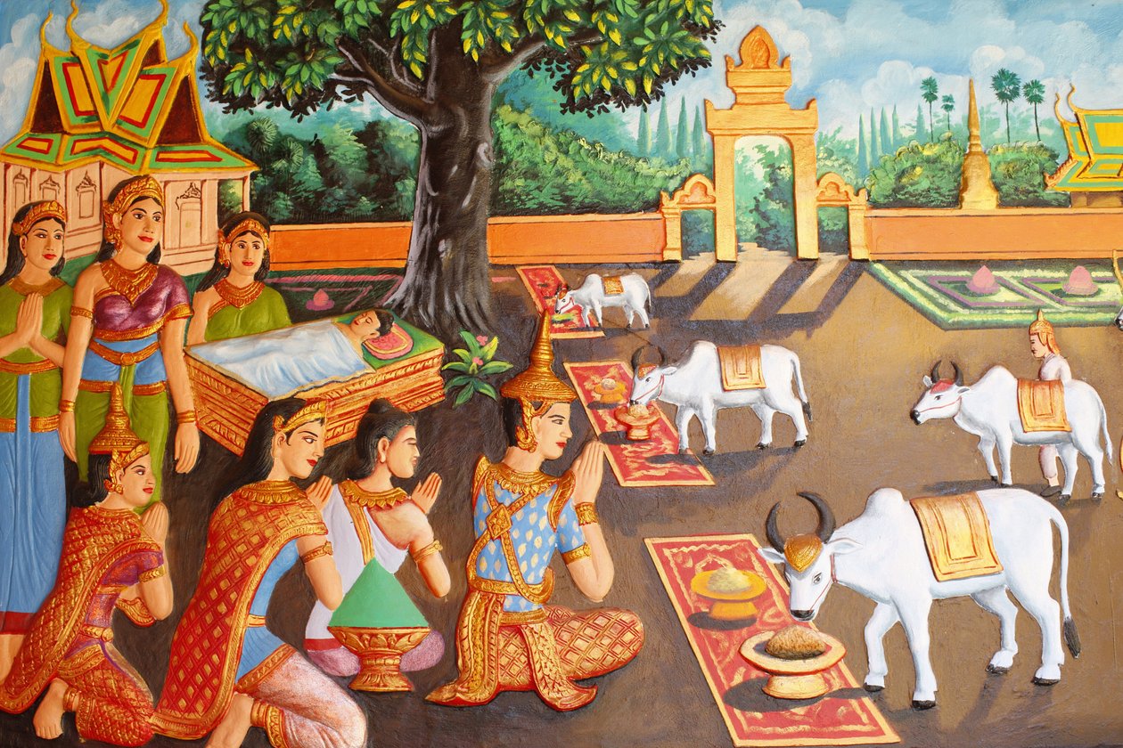 Preah Prom Rathin luostari Buddhan elämä Nuori Siddhartha Gautama ja hänen äitinsä maanviljelijöiden festivaalin aikana, Siem Reap, Kambodža tekijältä Unbekannt