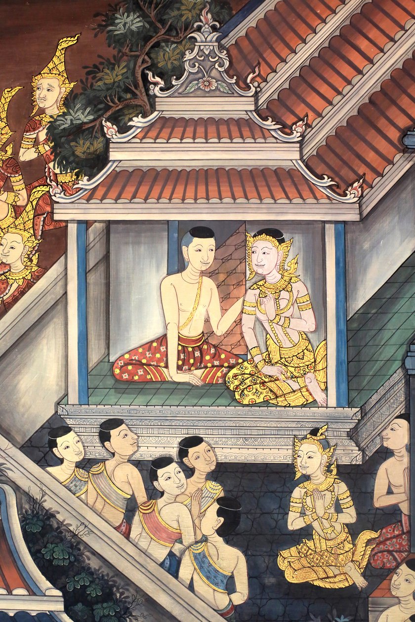 Prinssi Rama ja Sita. Viharan sisäseinien seinämaalausyksityiskohta kuningas Rama III:n aikakaudelta, joka kuvaa Ramakienia. Wat Pho - Wat Phra Chetuphon. 1788. Bangkok. Thaimaa tekijältä Unbekannt