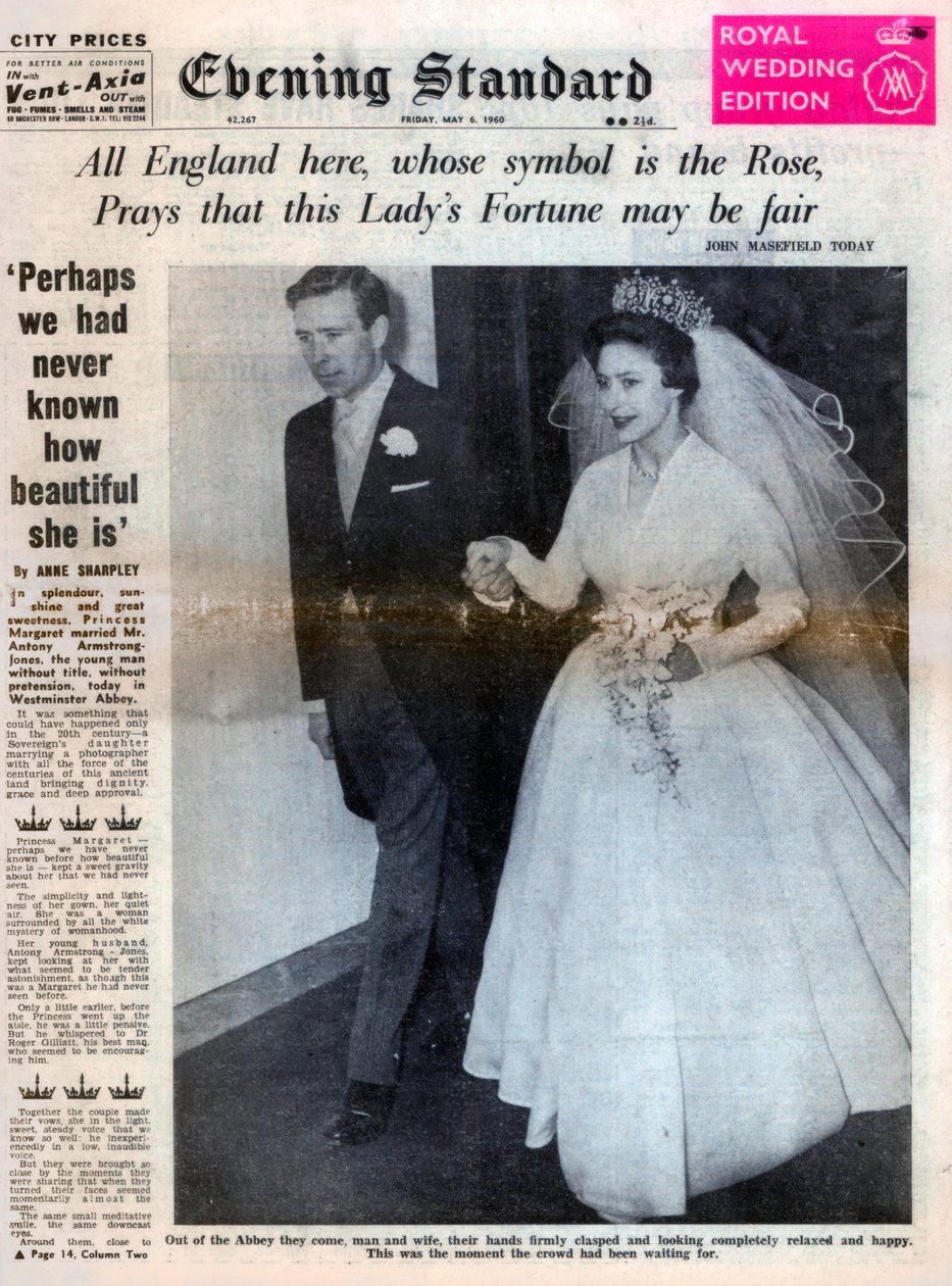 Prinsessa Margaret meni naimisiin Antony Armstrong-Jonesin kanssa 6. toukokuuta 1960 tekijältä Unbekannt