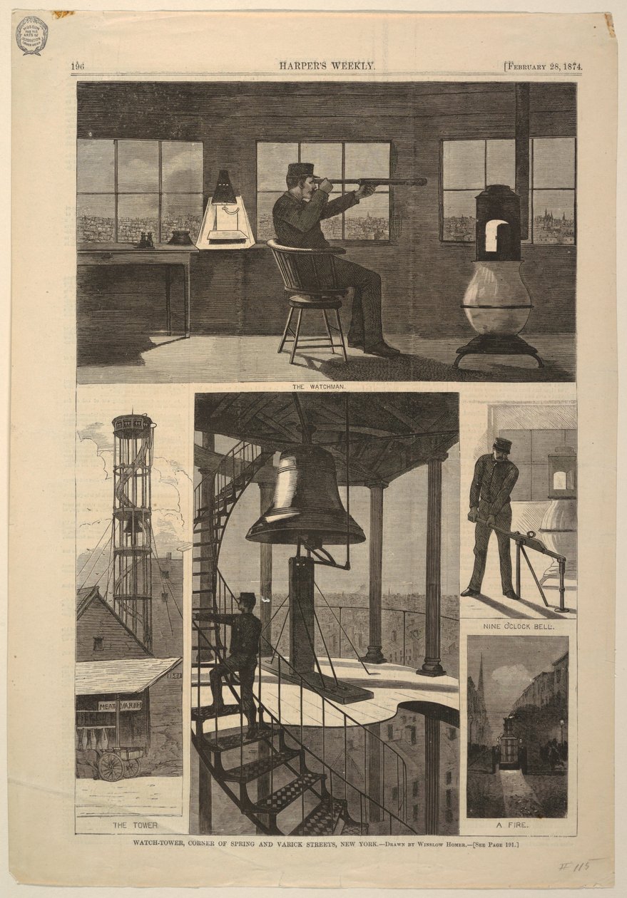 Print, Vartiotorni, Kevään ja Varick-kadun kulma, New York, 28. helmikuuta 1874 tekijältä Unbekannt