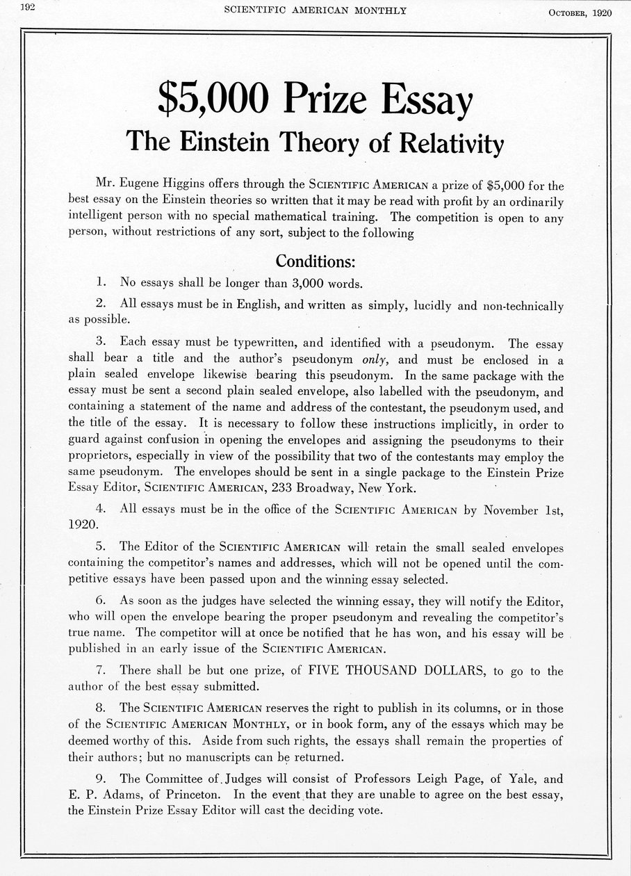 Palkinto myönnettiin Scientific Americanissa lokakuussa 1920 esseestä Einsteinin suhteellisuusteoriasta tekijältä Unbekannt
