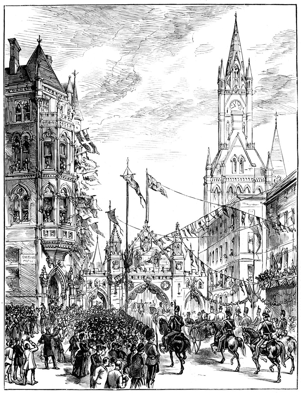 Kulkue lähestyy kaupungintaloa Manchesterissa, 1887 tekijältä Unbekannt