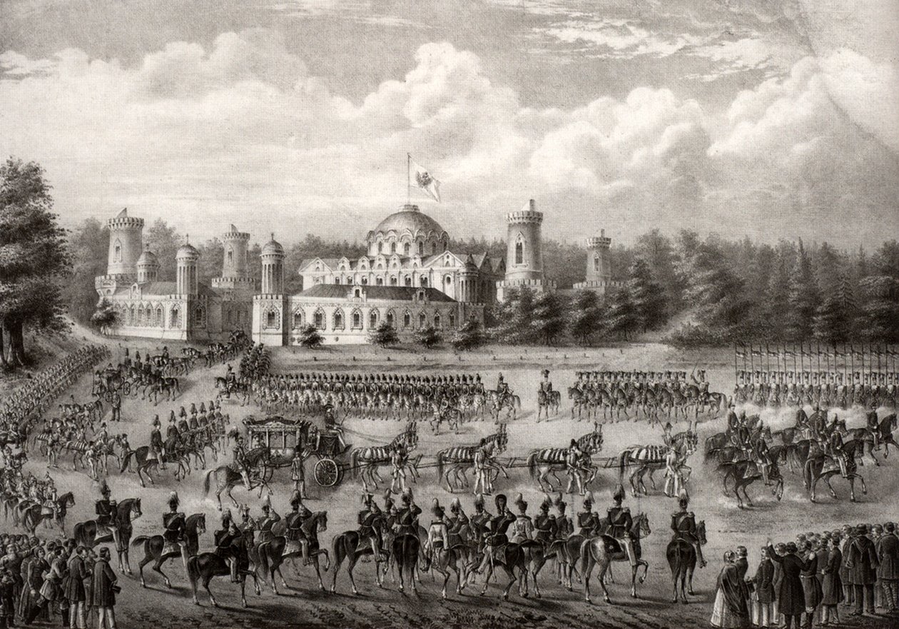 Tsaari Nikolai I:n kulkue Petrovskin palatsista Dormition-katedraaliin hänen kruunauksensa aikana vuonna 1825, 1826 tekijältä Unbekannt