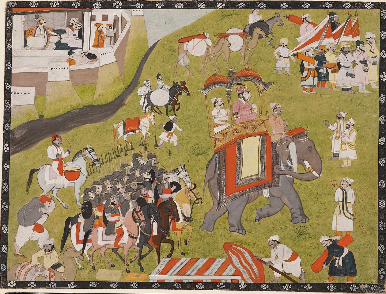 Rajan kulkue norsun selässä aseellisen saattajan ja pidikkeiden kanssa, 1800-luvun loppu tekijältä Unbekannt