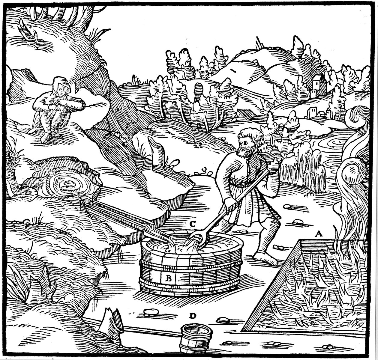 Suolan valmistus haihduttamalla luonnollista suolavettä kaatamalla se palavaan hiilikuoppaan, 1556 tekijältä Unbekannt