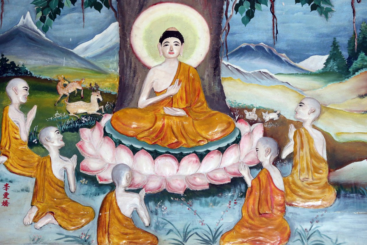 Quan Am Bo Tat -temppeli (Avalokitesvara Bodhisattvan pagodi). Shakyamuni Buddha saarnaa saarnaa - lainpyörää - viidelle opetuslapselleen. Vung Tau. Vietnam tekijältä Unbekannt