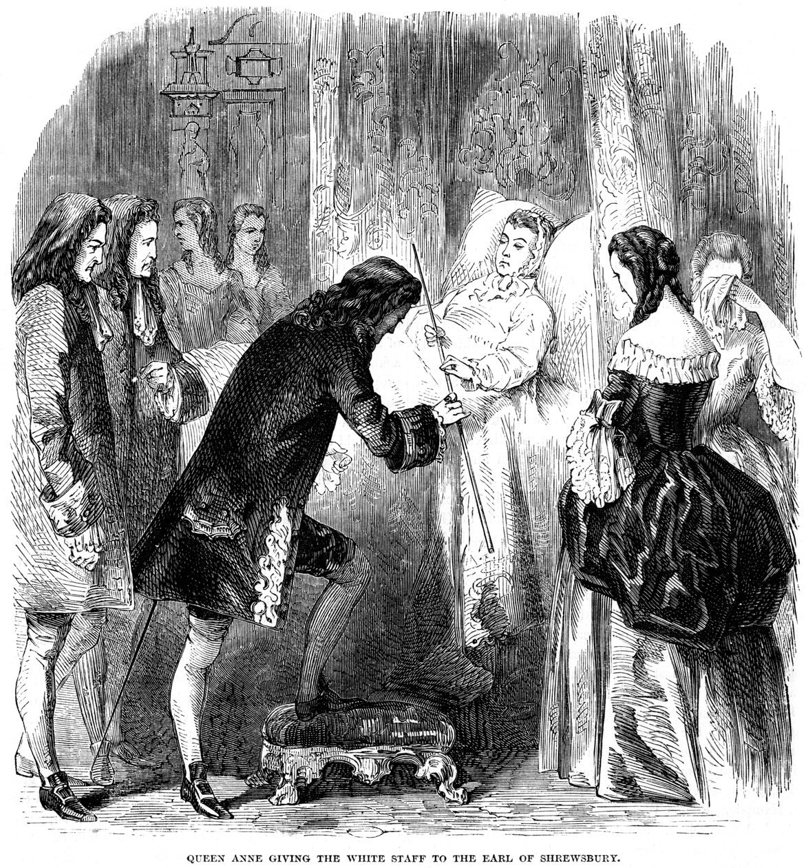 Kuningatar Anne 1665-1714 luovuttamassa valkoisen sauvan Earl of Shrewsburylle, c1714 tekijältä Unbekannt