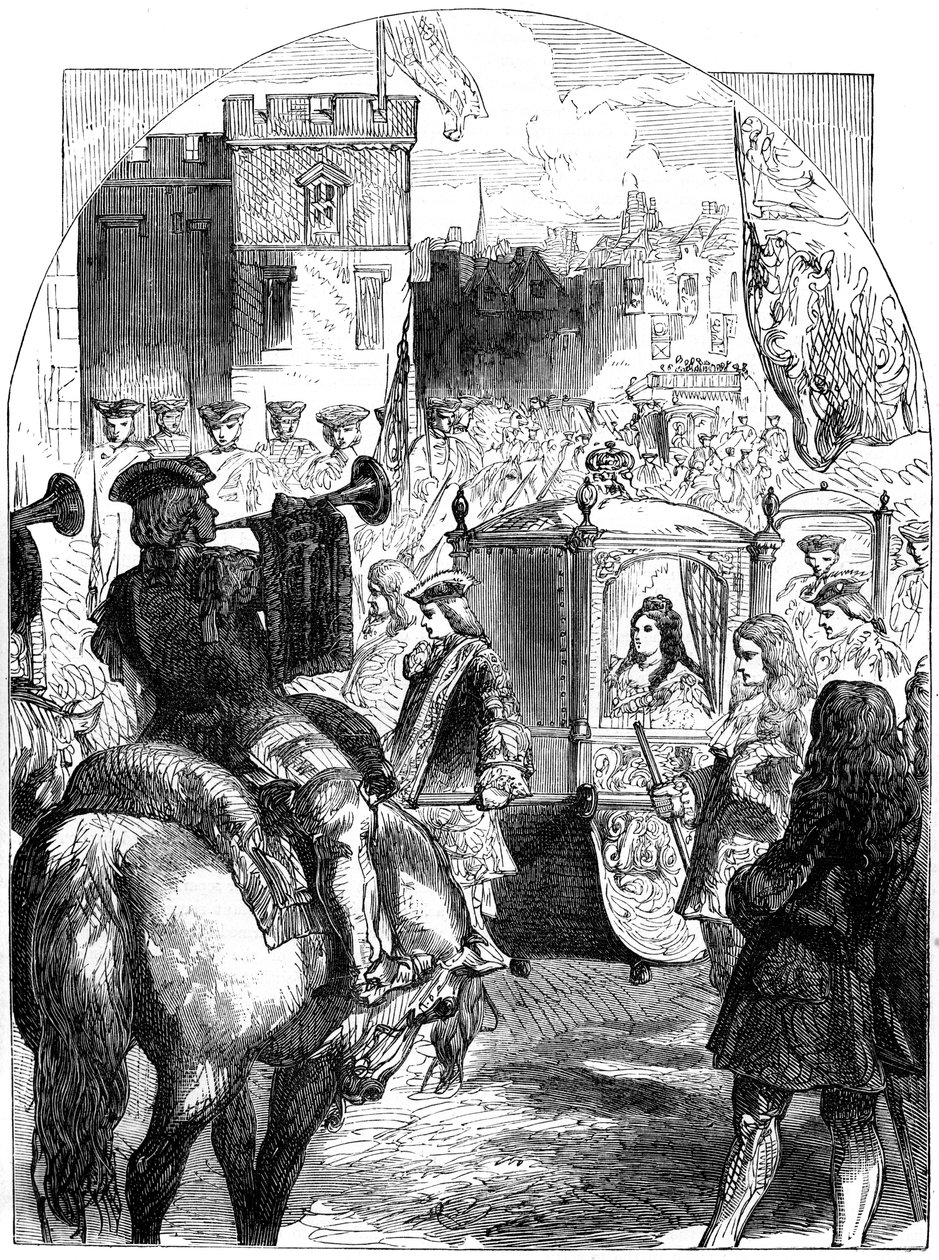 Kuningatar Anne 1665-1714 viimeinen eteneminen parlamenttitaloon, Westminster, Lontoo, 1800-luku tekijältä Unbekannt