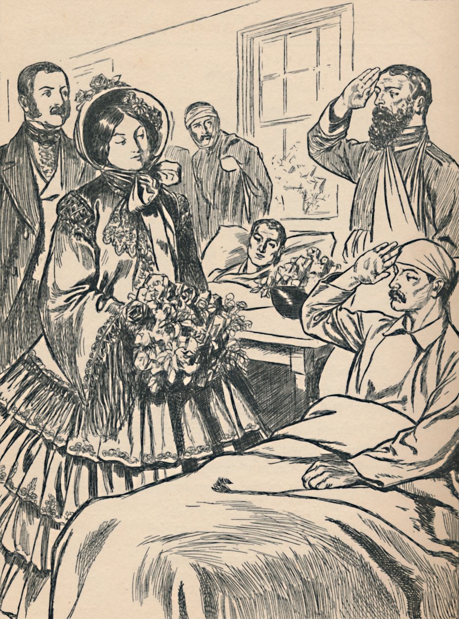Kuningatar Victoria vierailee haavoittuneiden sotilaidensa luona, 1907 tekijältä Unbekannt
