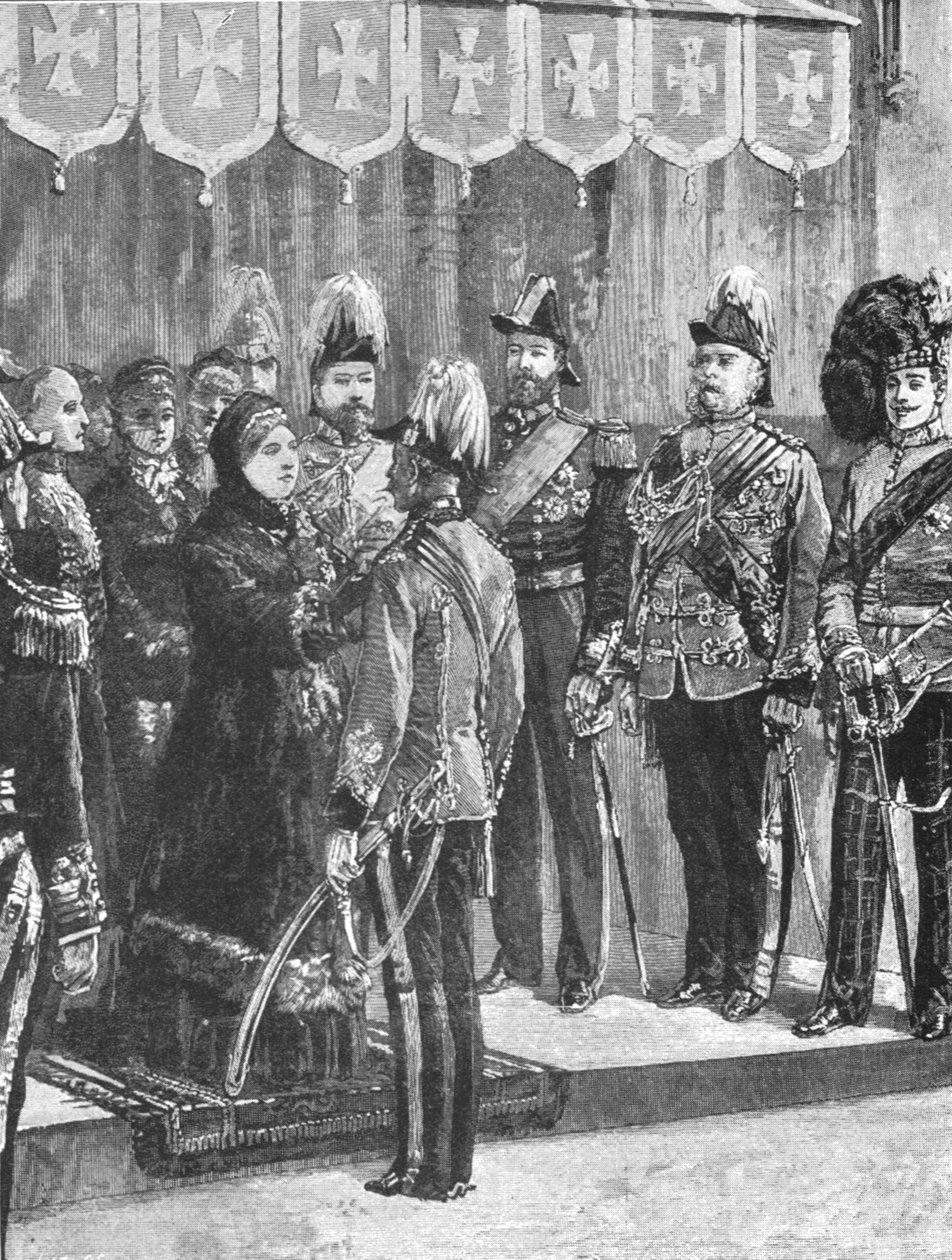 Kuningatar Victoria koristelemassa upseeria... Windsorissa, 8. joulukuuta 1879, 1901. tekijältä Unbekannt