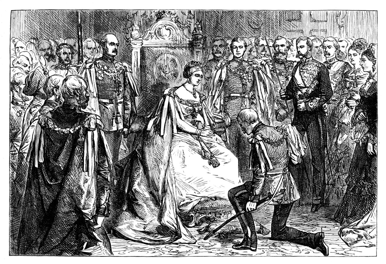 Kuningatar Victoria pitää Intian tähden ritarikunnan ensimmäistä virkaan, vuodelta 1861 tekijältä Unbekannt