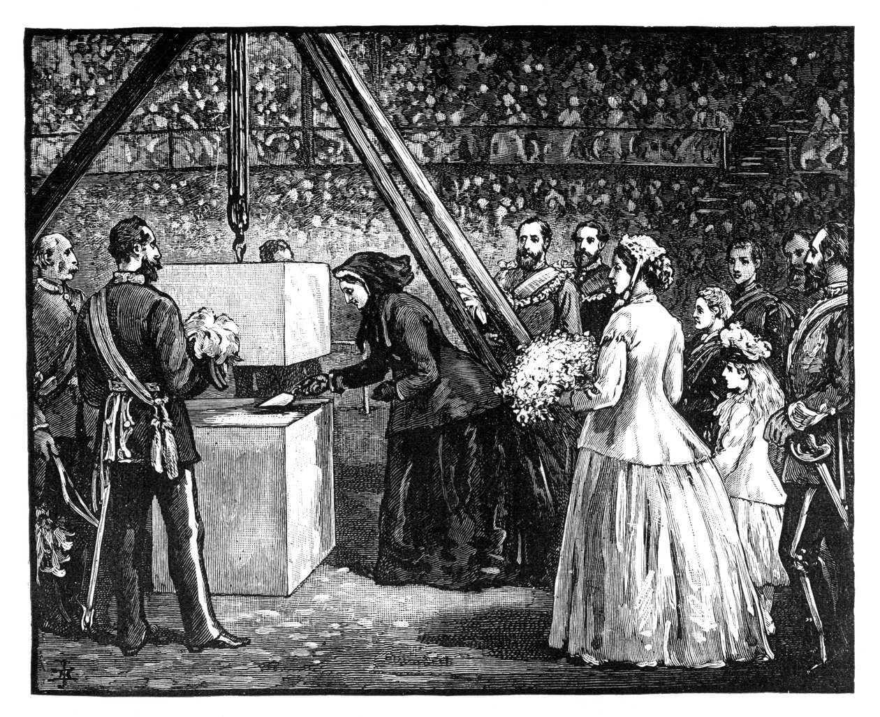 Kuningatar Victoria laskemassa Royal Albert Hallin peruskiveä Lontoossa, 1860-luku tekijältä Unbekannt