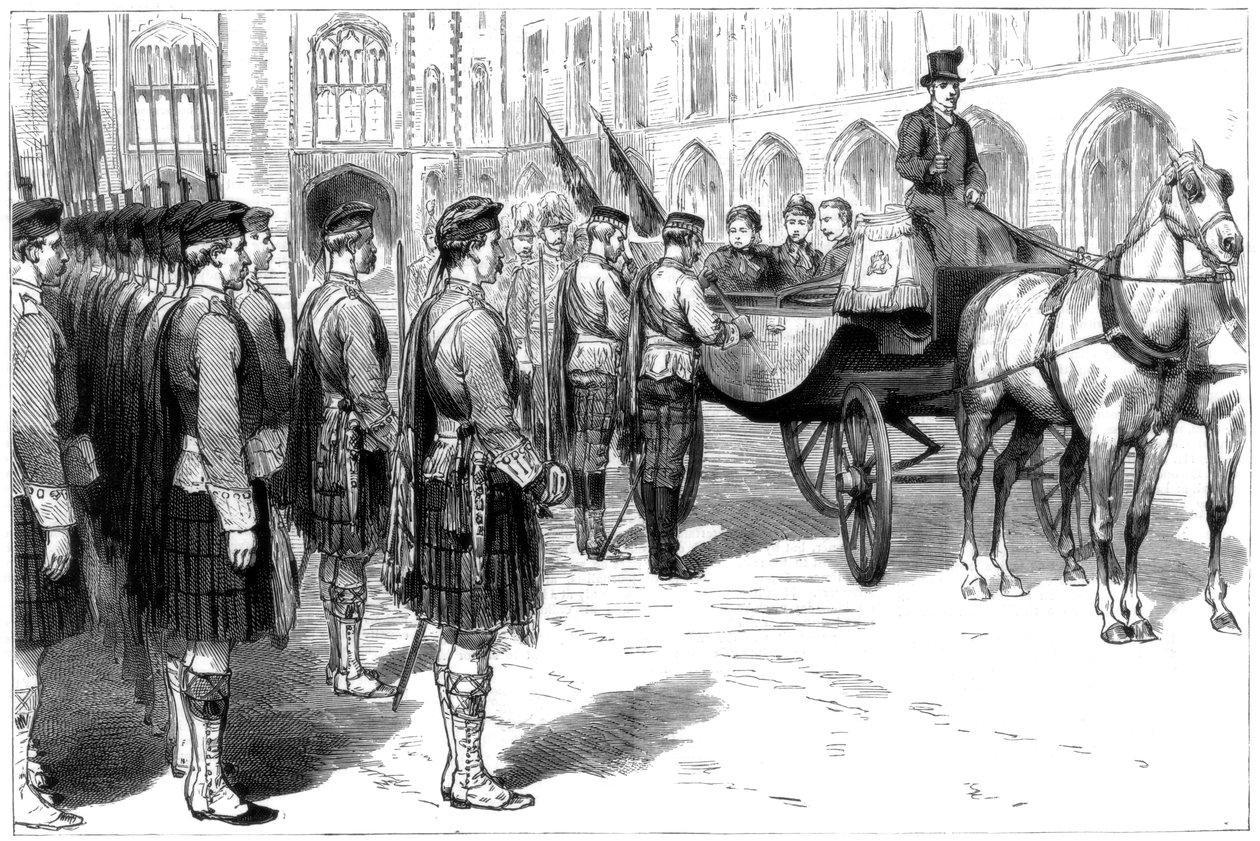 Kuningatar Victoria vastaanottaa Seaforth Highlandersin vanhat värit, Windsor, 1885 tekijältä Unbekannt