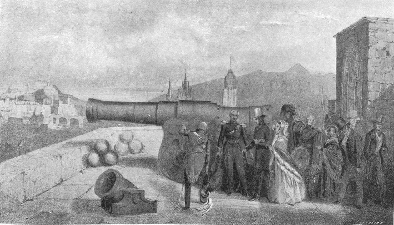 Kuningatar Victorian ensimmäinen vierailu Skotlantiin, 1842: Mons Megin tarkastus Edinburghin linnassa, 1901. tekijältä Unbekannt