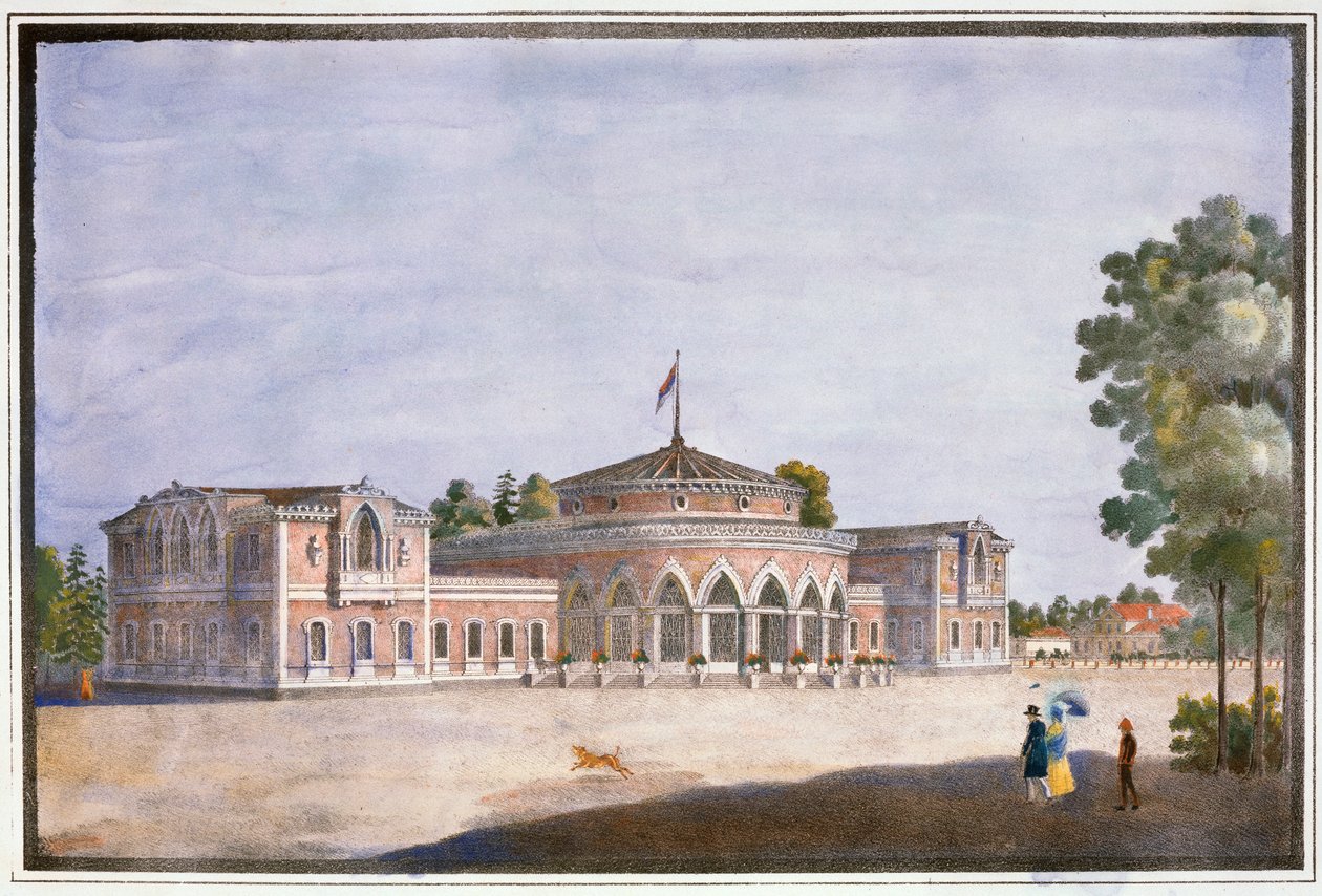 Rautatieasema ja ranskalainen ravintola Catharinhofissa, Pietarissa, Venäjällä, 1800-luku tekijältä Unbekannt