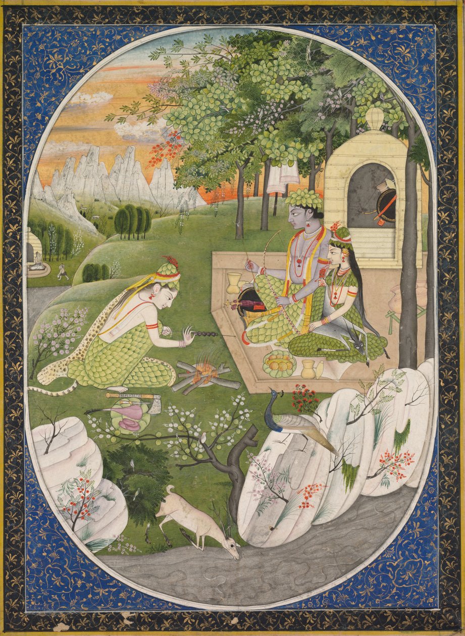 Rama, Sita ja Lakshmana metsässä, sivu Ramayana Tales of God Ramasta, n. 1830. tekijältä Unbekannt