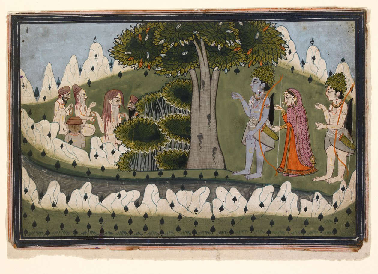 Rama, Sita ja Laksmana askeettien maisemassa, v. 1830 tekijältä Unbekannt