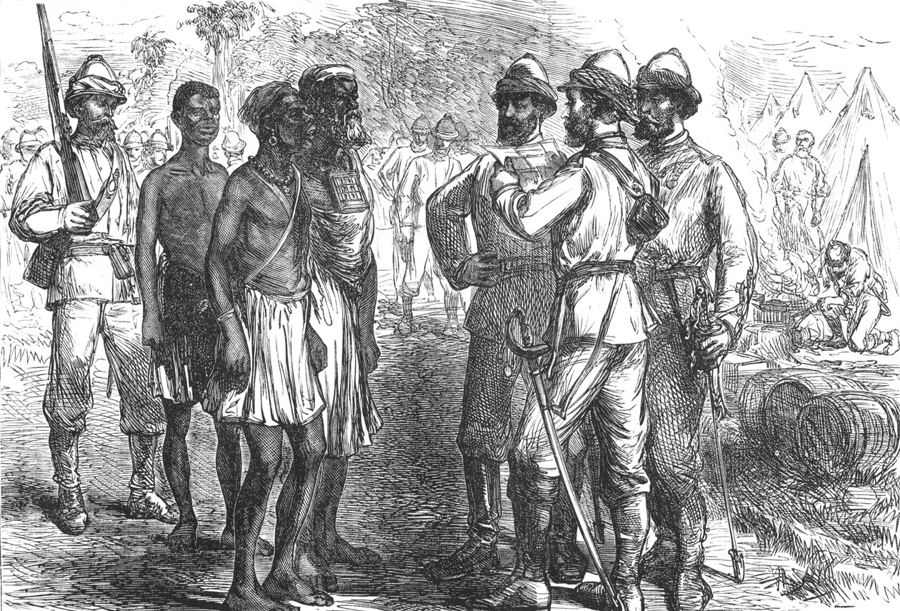 King Koffeesin lähettiläiden vastaanotto Englannin leirillä, n. 1880 tekijältä Unbekannt