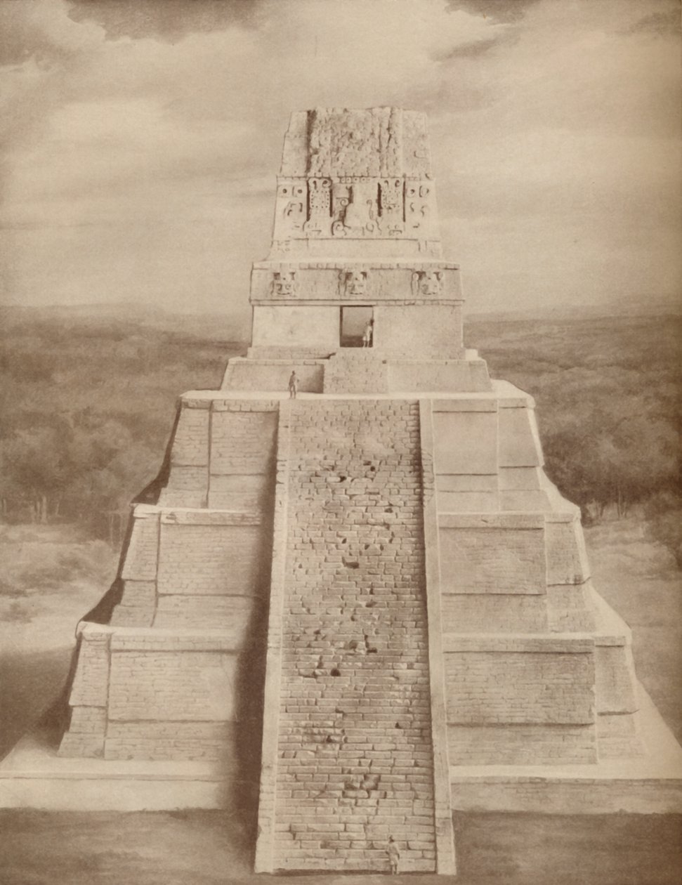 Rekonstruoitu malli upeasta Maya-temppelipyramidista Tikalissa, vuodelta 1935 tekijältä Unbekannt