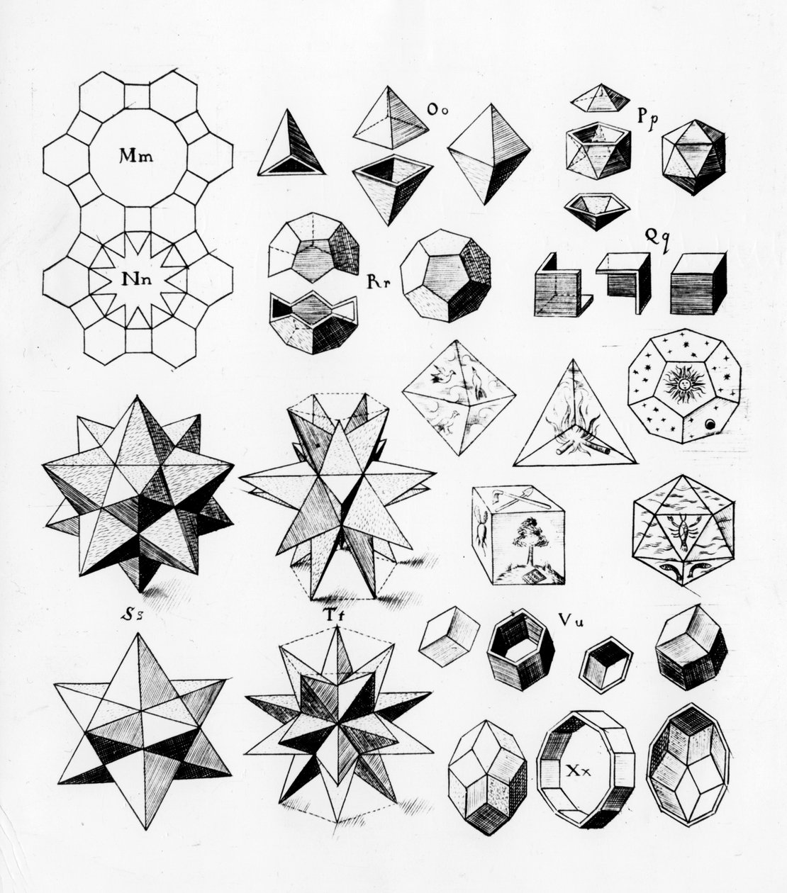 Eri tyyppisiä säännöllisiä geometrisia kappaleita, 1619 tekijältä Unbekannt