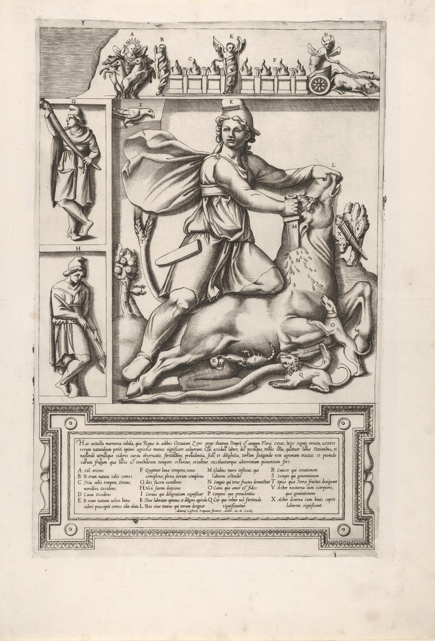 Relifi, jossa Mithras polvistuu härän selkään ja lyö miekan sen olkapäähän, vasemmalla tw..., 1564. tekijältä Unbekannt