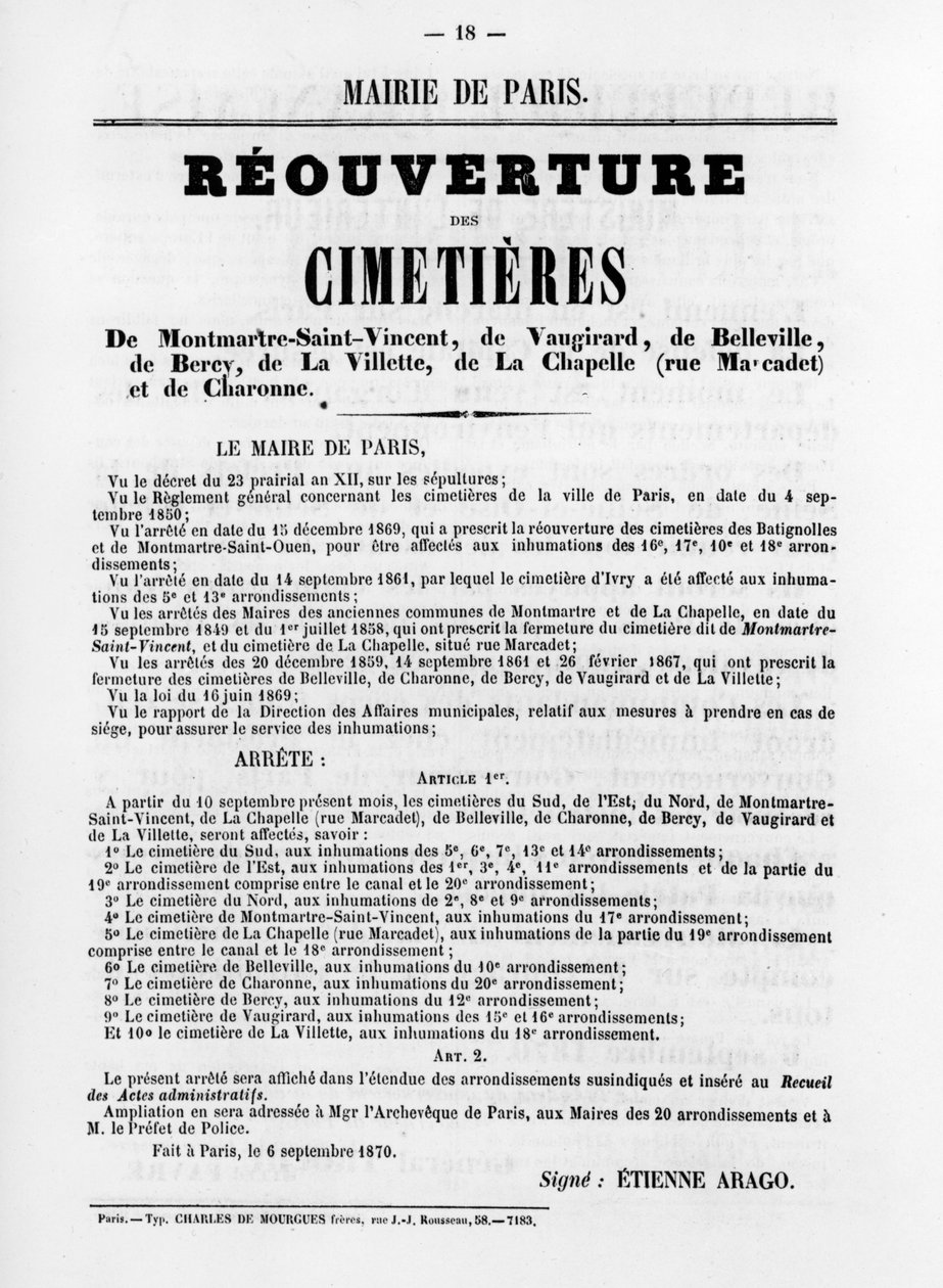 Reouverture des Cimetieres, Pariisin kommuunin Ranskan poliittisista julisteista, toukokuu 1871 tekijältä Unbekannt
