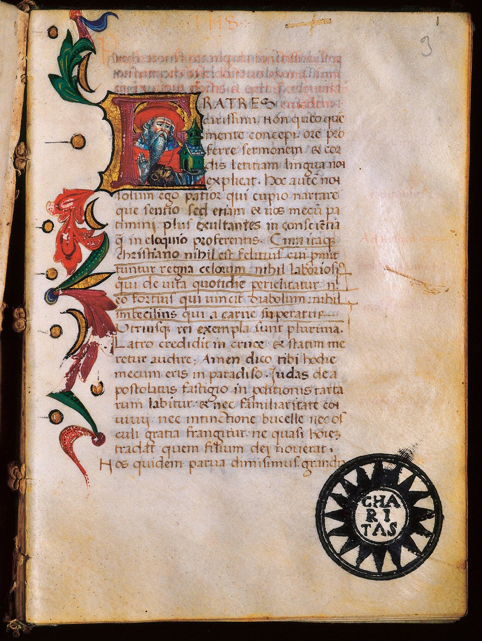Pyhän Hieromuksen (347-420) esitys, valaistu sivu "Opuscula theologicasta". tekijältä Unbekannt