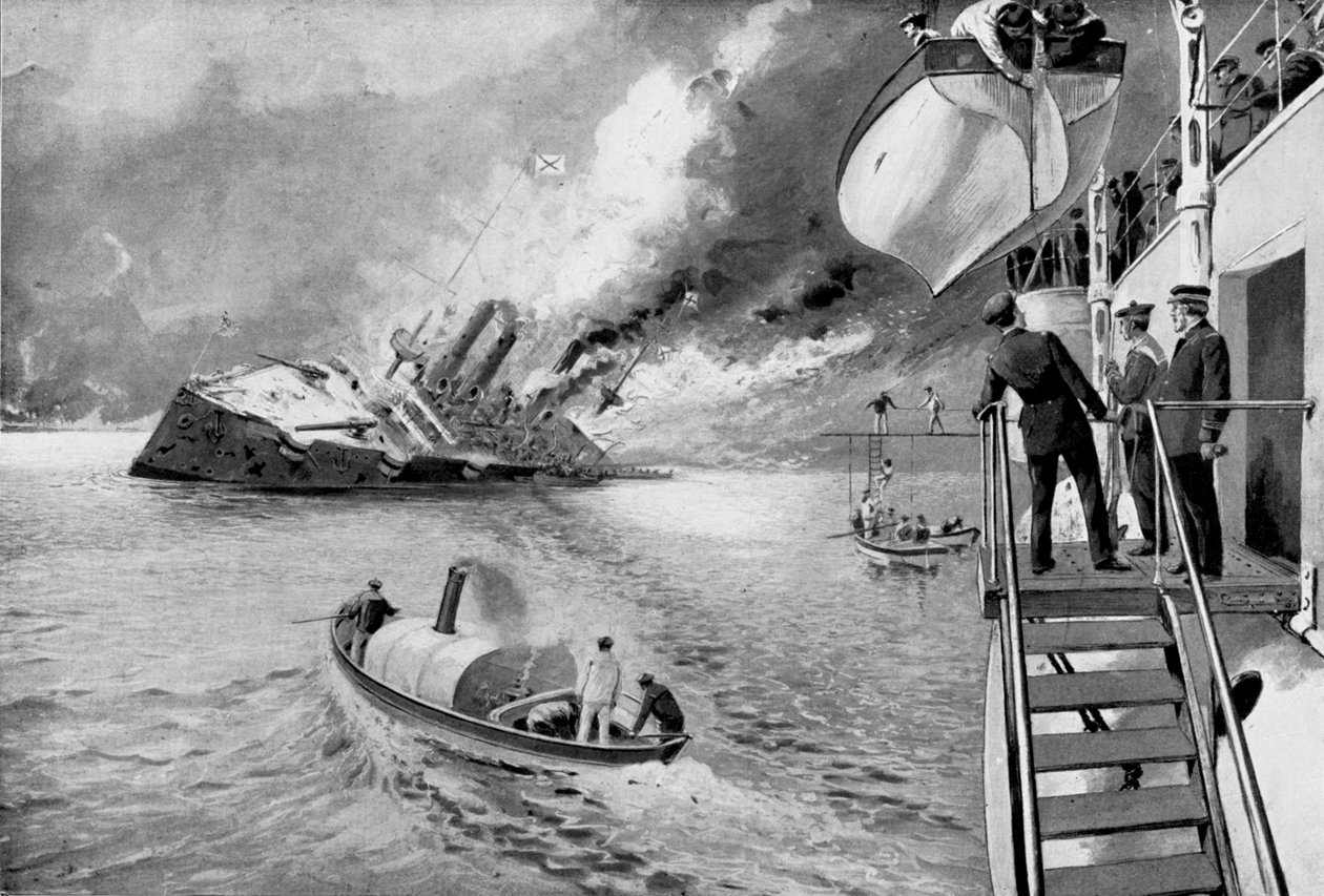 Eloonjääneiden pelastaminen uppoavalta venäläisalukselta, Venäjän ja Japanin sota, 1904 tekijältä Unbekannt