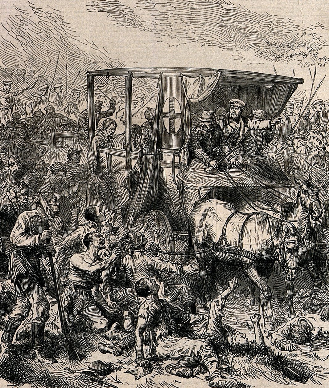Haavoittuneiden venäläisten sotilaiden pelastaminen taistelukentältä, n. 1878 tekijältä Unbekannt