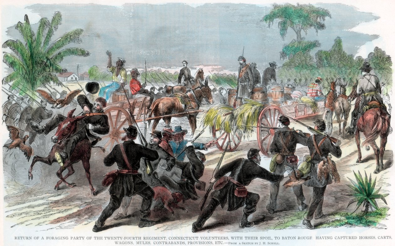 Ruokaa etsivän seurueen paluu Baton Rougeen, Louisianaan, Amerikan sisällissota, n. 1862 tekijältä Unbekannt