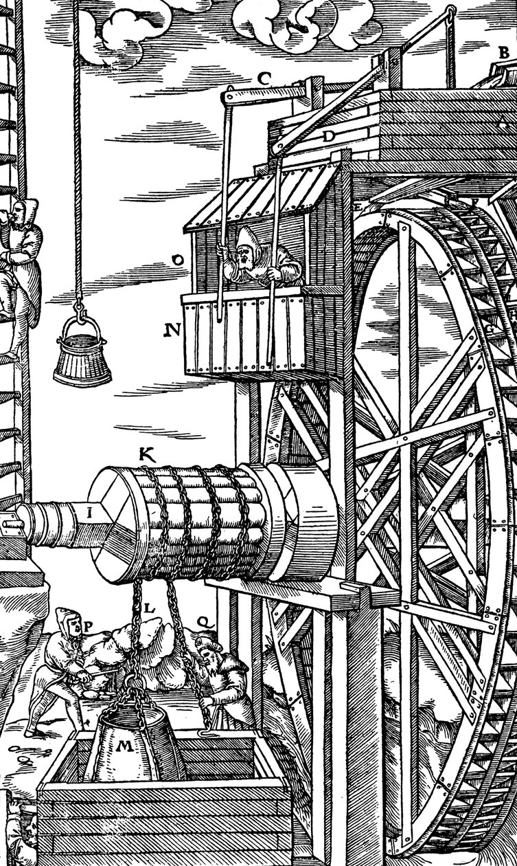 Käännettävä nostin nahkaisten kauhojen nostamiseen kaivoskuilusta, 1556 tekijältä Unbekannt