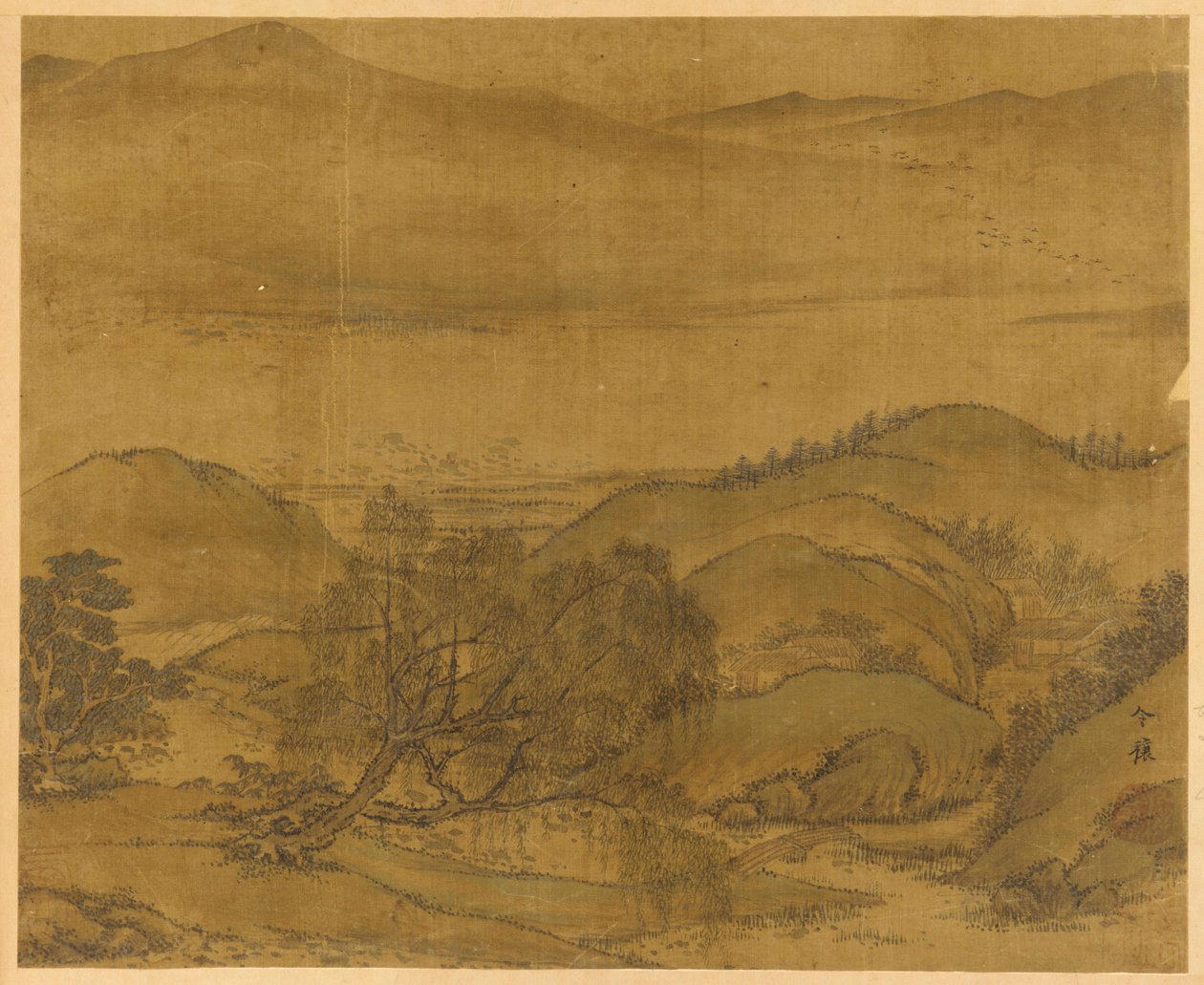 Jokimaisema: paju ja muut puut, mäkiä..., Yuan- tai Ming-dynastia, 1279-1644. tekijältä Unbekannt