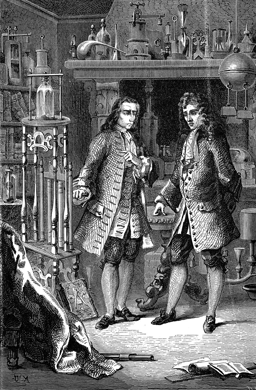 Robert Boyle, anglo-irlantilainen kemisti ja fyysikko ja Denis Papin, ranskalainen fyysikko, 1870 tekijältä Unbekannt