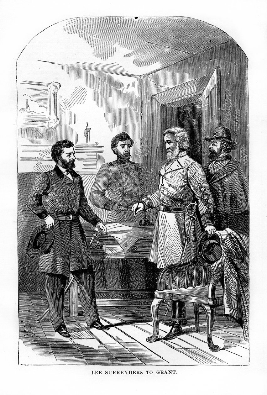 Robert E Lee antautuu Ulysses S Grantille, 9. huhtikuuta 1865, 1872 tekijältä Unbekannt