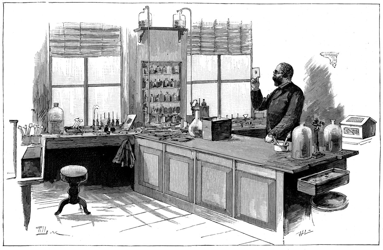 Robert Koch 1843-1910, saksalainen bakteriologi ja lääkäri laboratoriossaan tekijältä Unbekannt