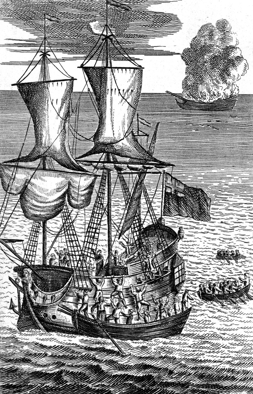 Robinson Crusoe pelastaa tulessa olevan laivan miehistön merellä, n. 1719 tekijältä Unbekannt