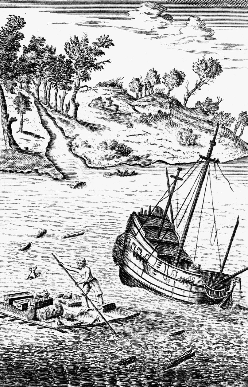 Robinson Crusoe pelastamassa tavaransa aluksen hylystä, c1719 tekijältä Unbekannt