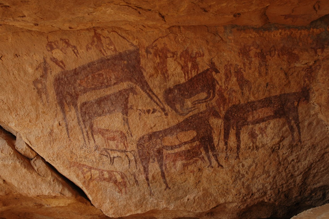 Kalliotaide, esihistoria: Kalliomaalaus karjaryhmästä, johon kuuluu polvet, ja joukko hahmoja, mukaan lukien jousimiehet koristeellisessa suojissa, Uweinatin ylängöllä, Sudanissa (Karkur-Talh tai Karkur Talh). Ajanjakso 8000-3000 vuotta eKr. Valokuvaus tekijältä Unbekannt