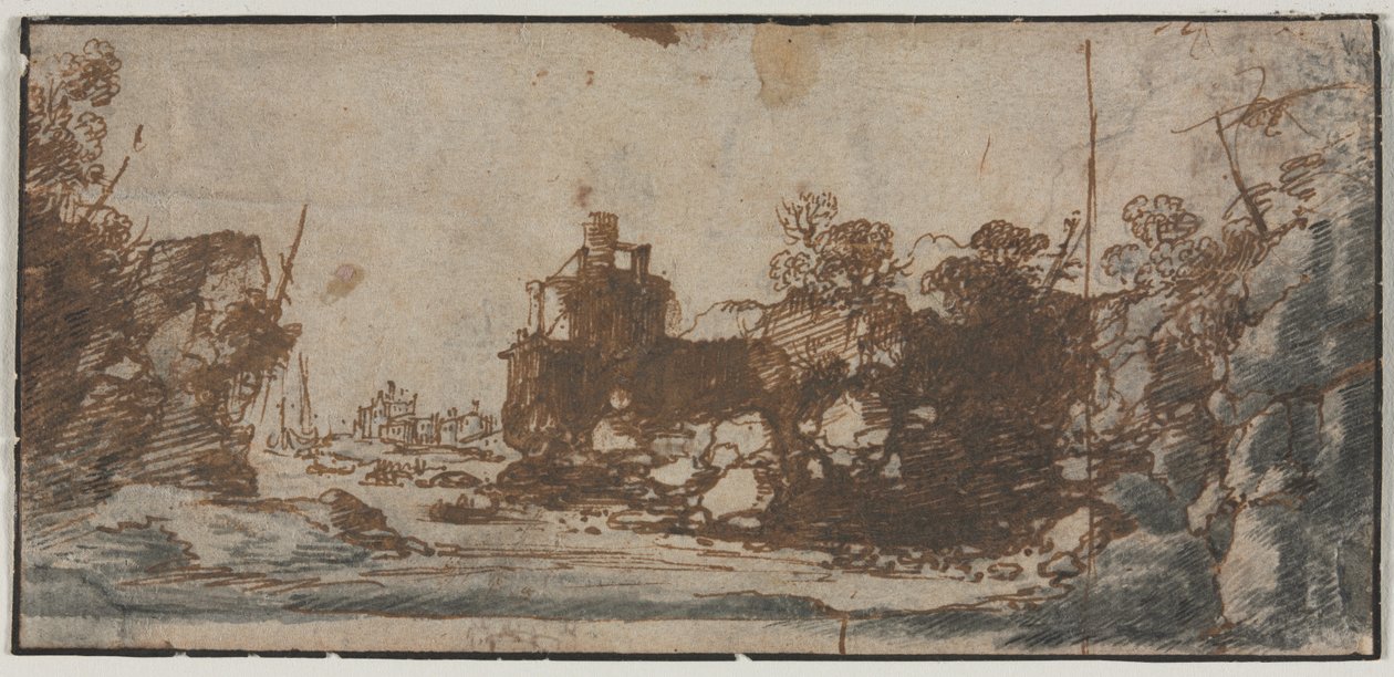 Rocky Inlet, jossa veneitä ja rakennuksia recto, luonnoksia linnoista, 1600-luku. tekijältä Unbekannt