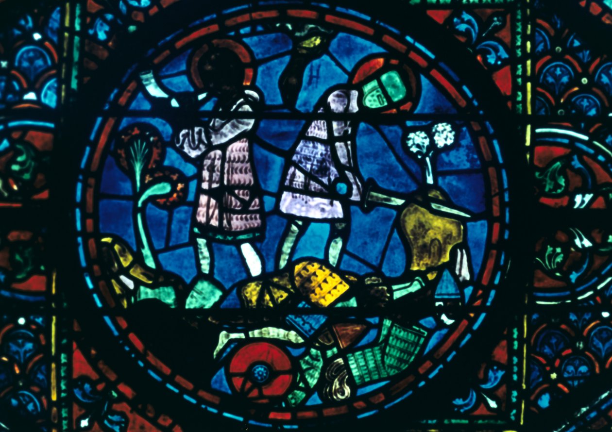 Roland murtaa miekkansa ja soi torveen, lasimaalaukset, Chartresin katedraali, Ranska, 1194-1260 tekijältä Unbekannt