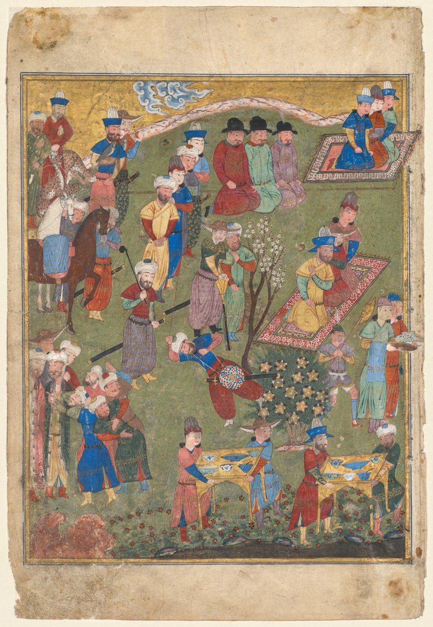 Royal Feast in a Garden recto Shahnaman..., 1444, kaksisivuisesta etulevystä. tekijältä Unbekannt