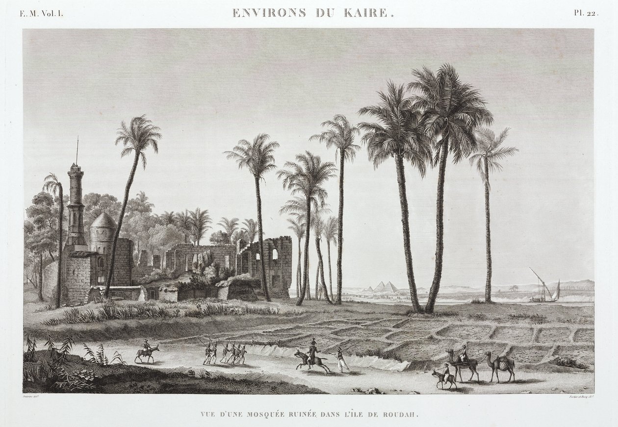 Raunioitu moskeija Roudahin saarella, lähellä Kairoa, Egypti, n. 1798 tekijältä Unbekannt